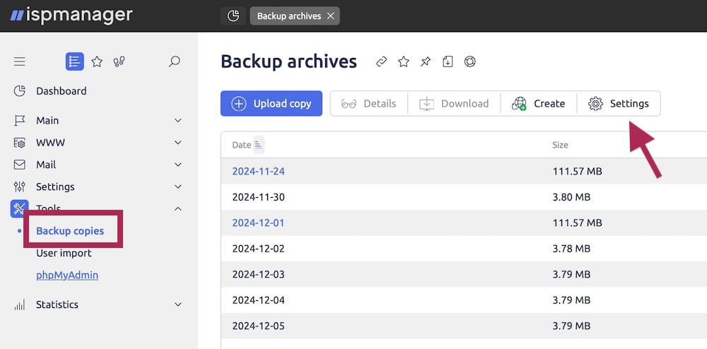 How to backup hosting on ProfitServer